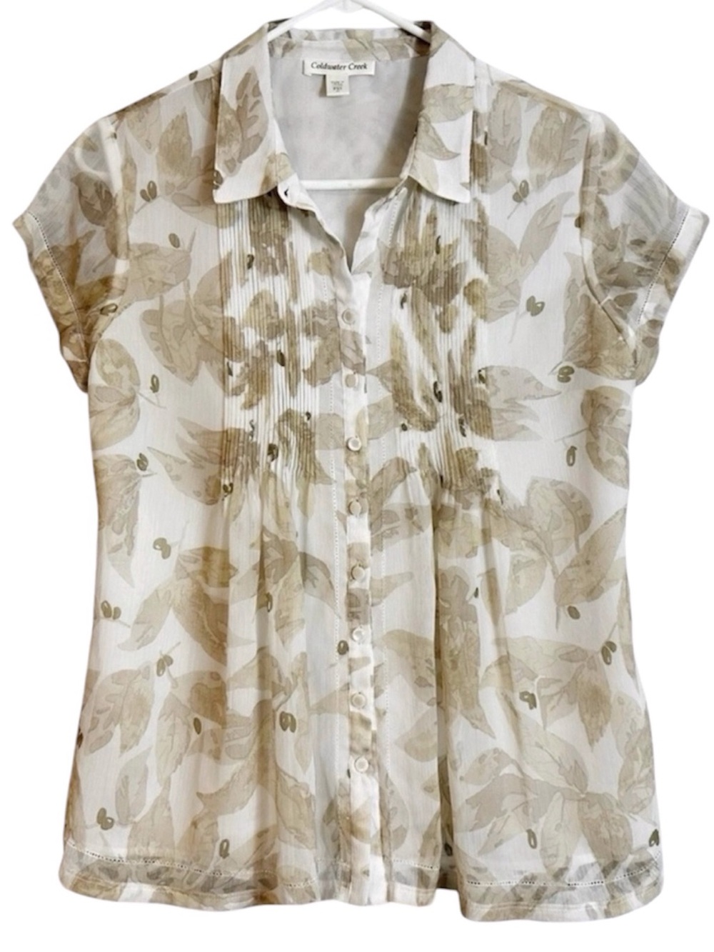 Coldwater Creek Pintuck Floral Sheer Button Down Blouse